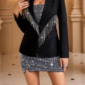 SHEIN Single Button Blazer Black Small Size 4 Fringe Trim